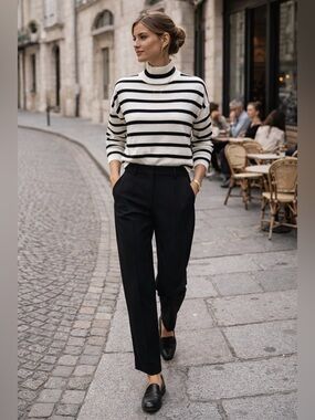 Rachel Zoe Black White Striped Turtleneck Sweater Lightweight Knit Top Small